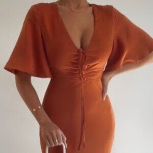 Nicholla Midi Dress - Ruched Front Angel Sleeve Slip Dress in Copper